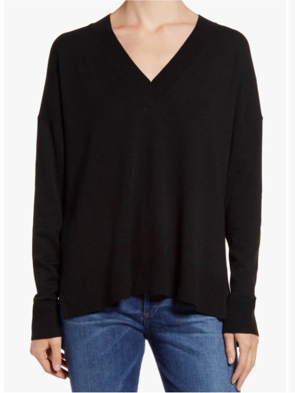 Chelsea28 Black V-Neck Drop-Shoulder Sweater